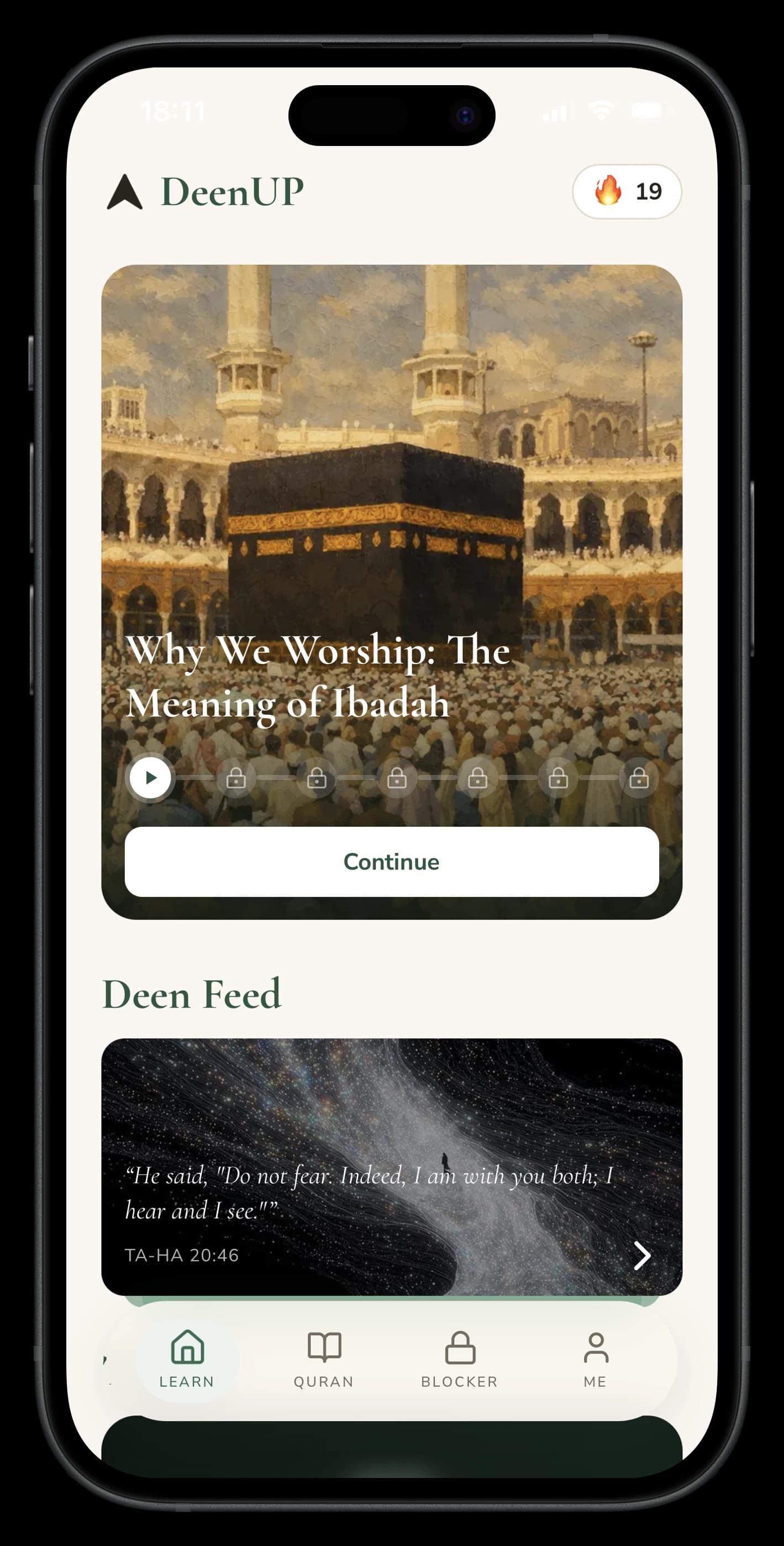 DeenUp app — a swipeable Learn feed of bite-sized, scholar-approved Islamic lessons
