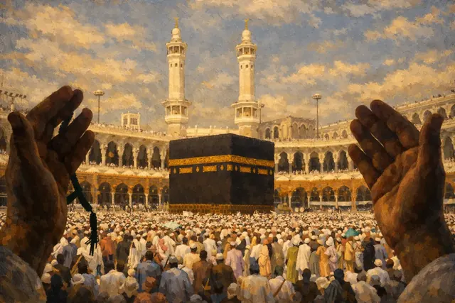 Oil painting of a serene mosque courtyard with a fountain at dawn.